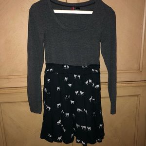 divided gray, black, and white dress with deer